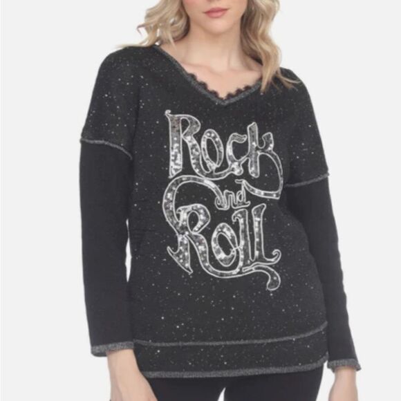 BLACK/SILVER SEQUINED ROCK AND ROLL SWEATER - Picture 1 of 10